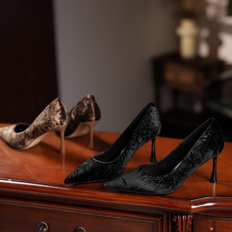 Golden velvet thin heels banquet shallow high heels female pointed single shoes female celebrity elegant temperament