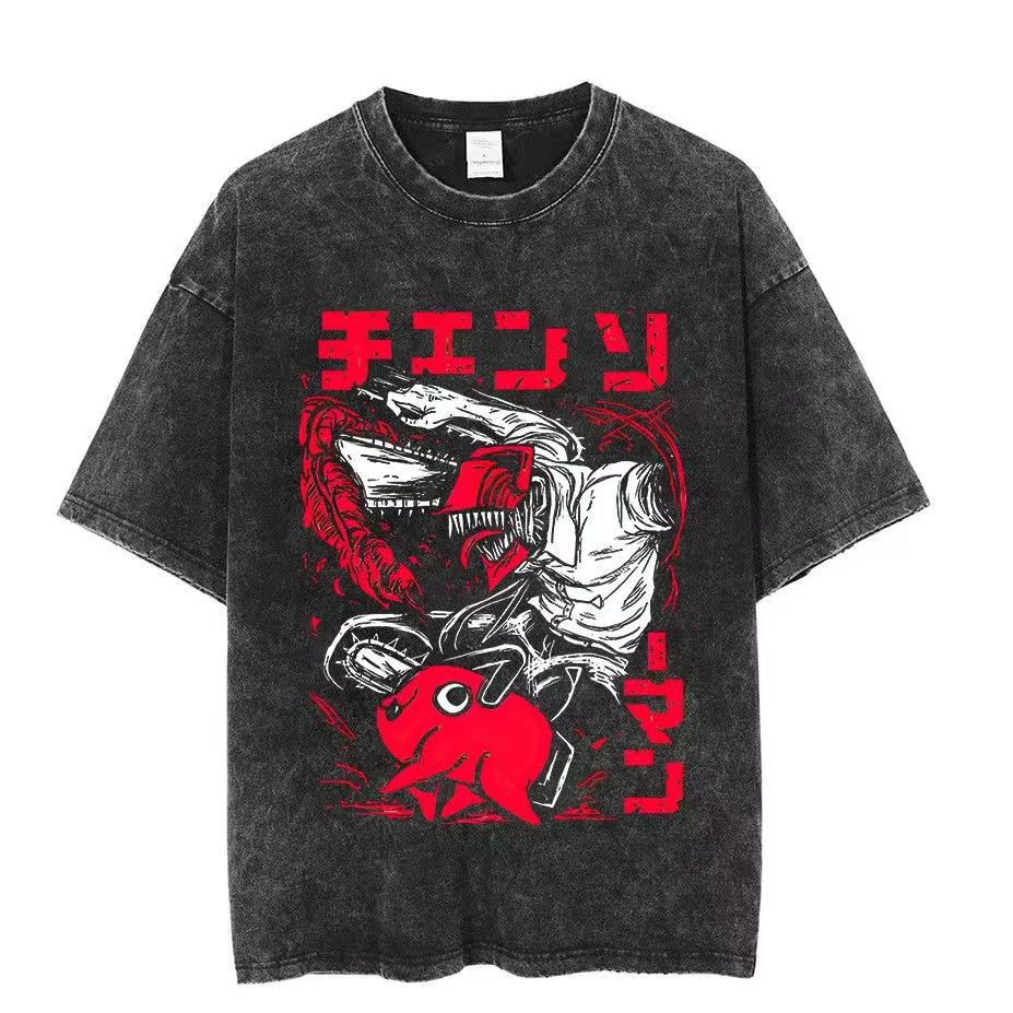 Chainsaw Man Washed Cotton Men Women Vintage Japan Anime Oversize Shirt Streetwear Short Sleeve Shirt Loose Cotton Tops