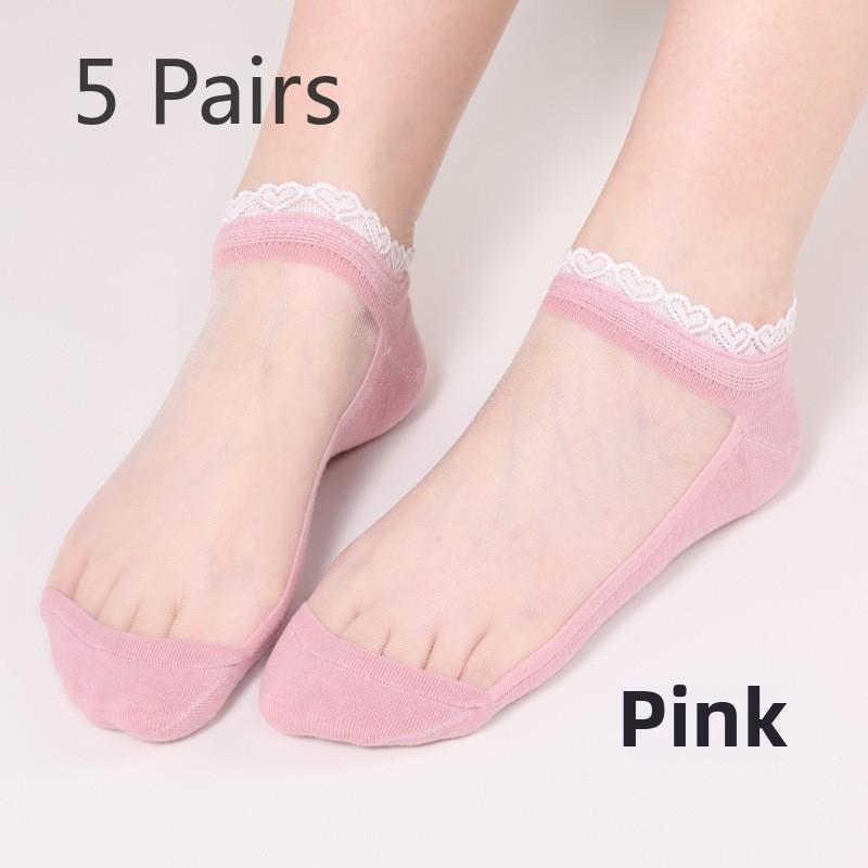 5 Pairs Spring/Summer Love Lace Socks Fashion Transparent Breathable Glass Silk Women's Socks Lovely Feng Shui Crystal Silk Lace Women's Socks