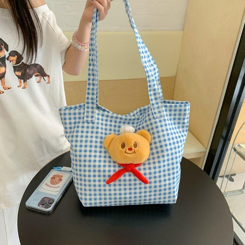 Cute bear backpack, new blue plaid shoulder tote bag, large-capacity casual commuter canvas backpack.