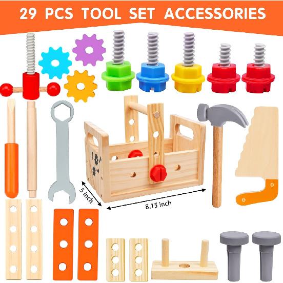Wooden Tool Set Montessori Toys for 2 3 4 5 Year Old Boy, 29Pcs Stem Toys Toddler Educational Toys Age 2-3, Tool Bench Pretend Play Construction