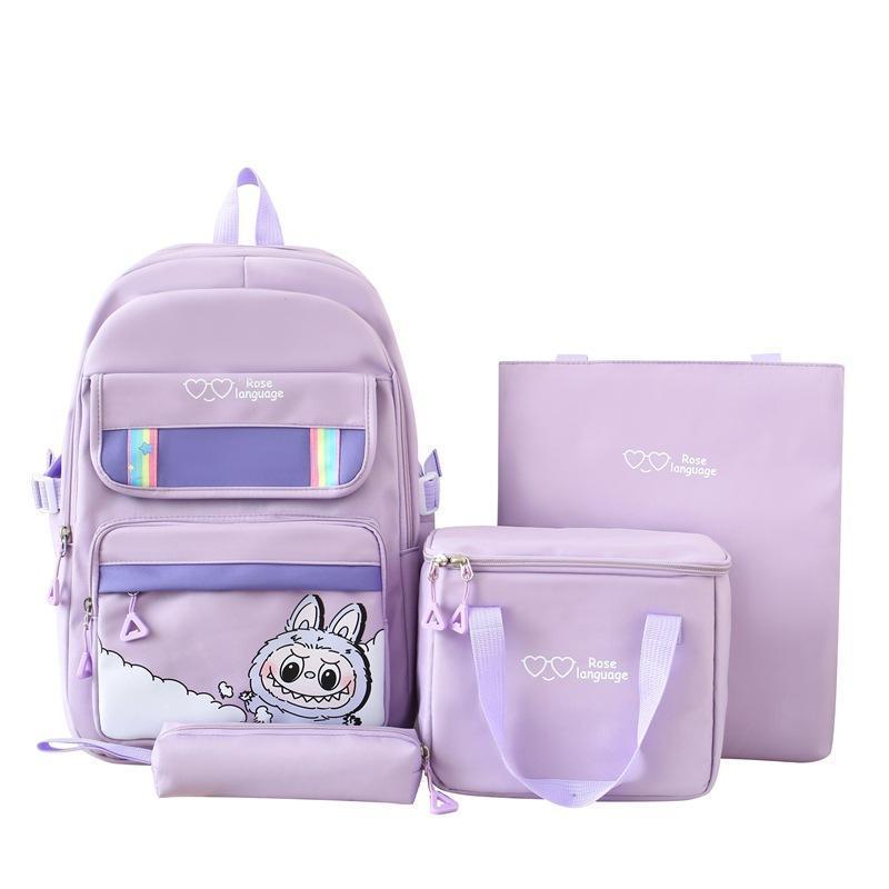 4pcs Classic Casual Backpack Neutral printed student backpack Pencil case crossbody bag Storage bag set
