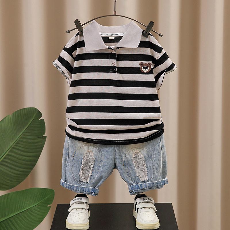 Trendy Black Gray And Green Gray Children's Summer Polo Shirt Set For Boys Aged 3 To 8