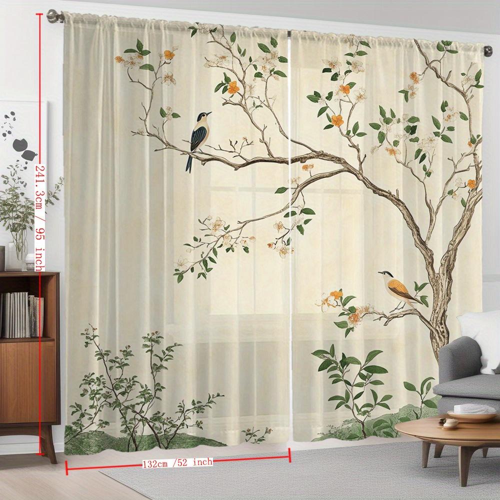 2PCS Chinese Style Floral Bird Vine Sheer Curtains Voile for Kitchen Caf Dining Room Balcony Garden Bedroom
