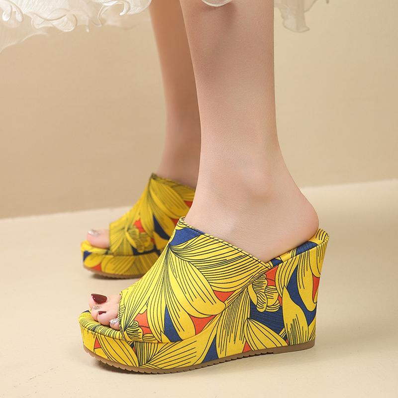 Fashion Slope Slippers Summer New Round Head Open Toe Printed Waterproof Table Cover Foot Anti-slip Wear-resistant High Heels
