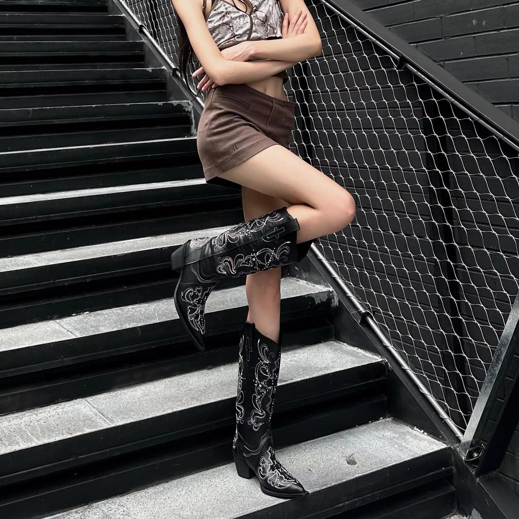 Rindslederversion~ spitze bestickte Western-Cowboystiefel 2025 Sommer neu dünne Nieten Spice Girls Stiefel Damen