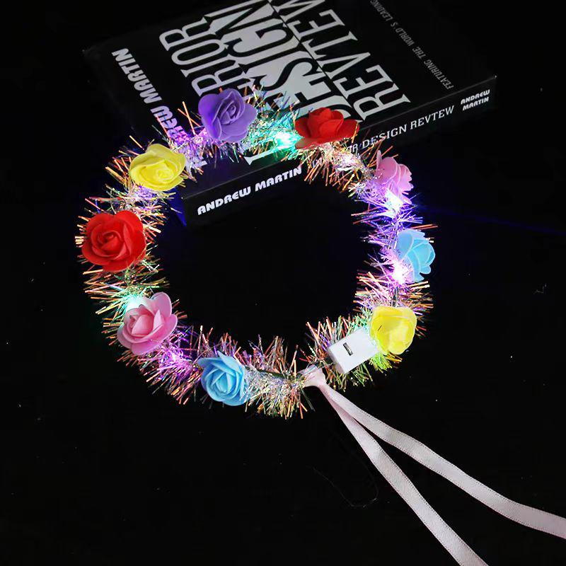 LED Light-Up Princess Headband: Colorful Feather Rabbit Ears with Glittering Gold Wire Garland