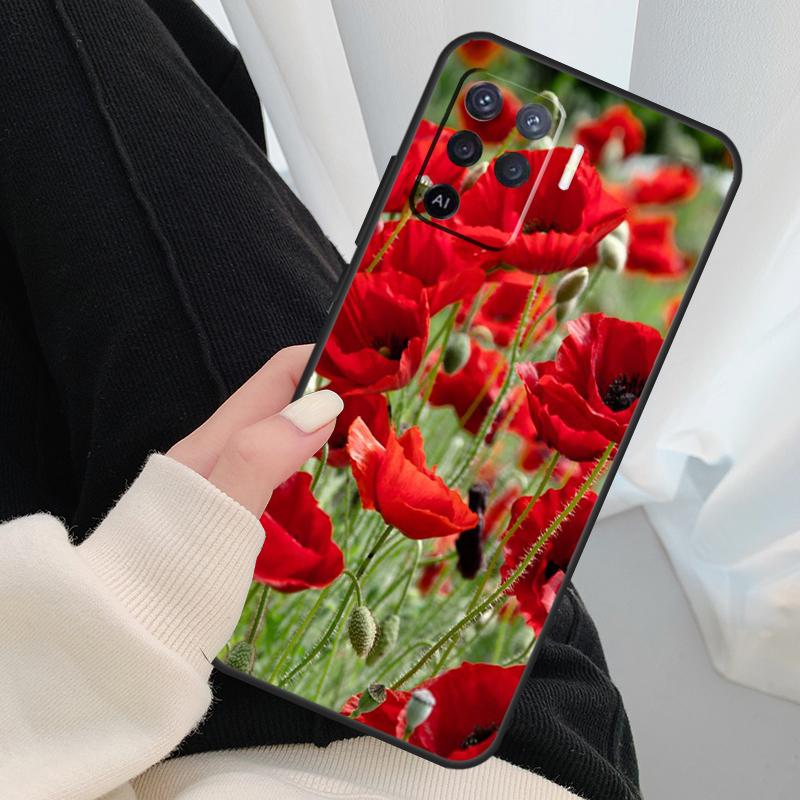 Red Corn Poppy Flower Case For Oppo A18 A38 A58 A78 A98 A80 A60 A40 A96 A76 A16 A94 A74 A54 A15 A17 A57 A77 A5 Pro