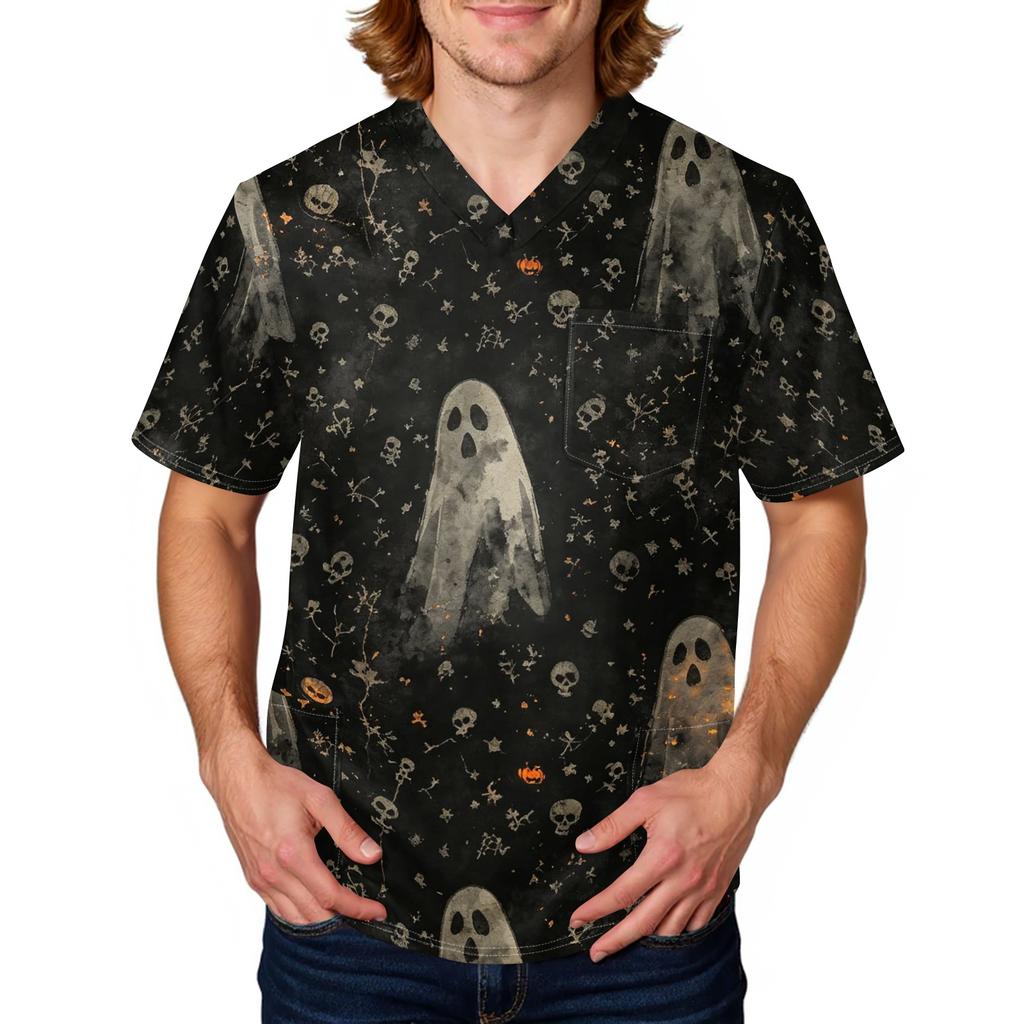 Men's Halloween Print Medical Scrub Top V Neck Tie Pocket Comfortable Fit Workwear for Healthcare Professionals Daily Use