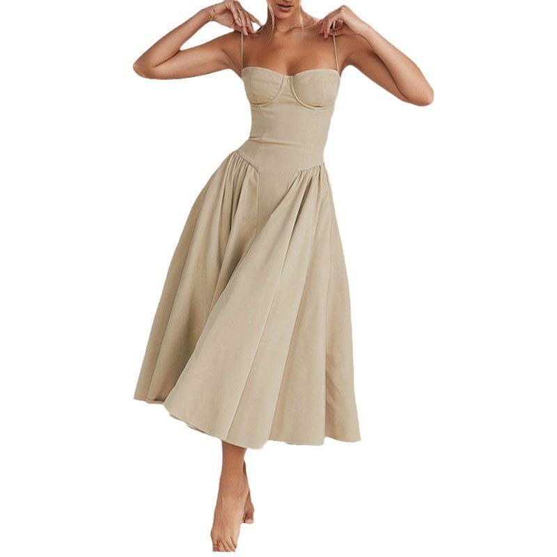 European and American Women's Clothing, New Spring Models, French Retro Court Style Solid Color Suspender Dresses