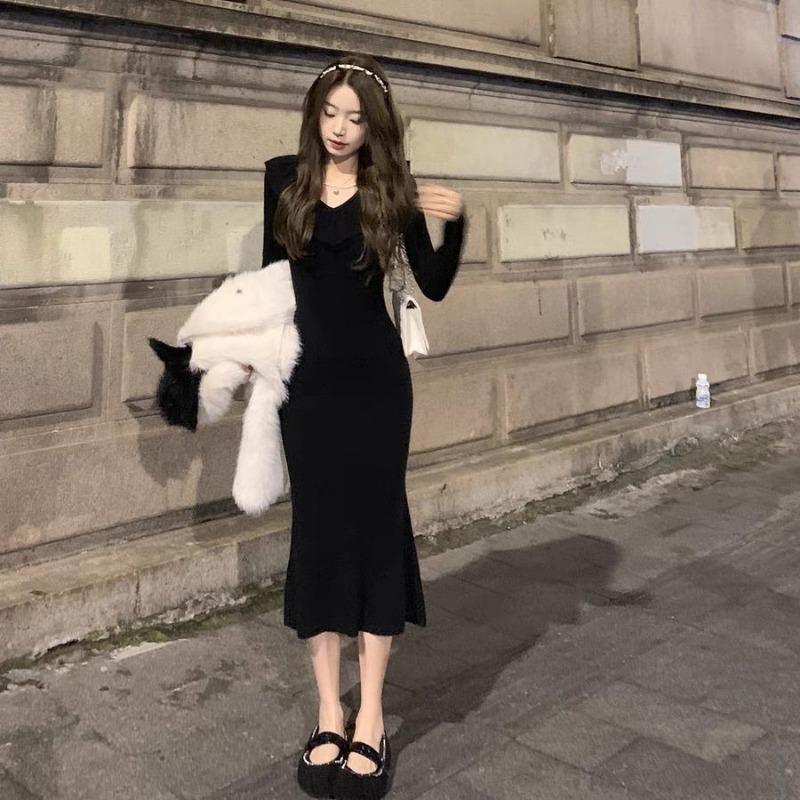 Temperament gentle age-reducing lotus leaf collar slim-fitting fishtail dress new high-end retro knitted dress women