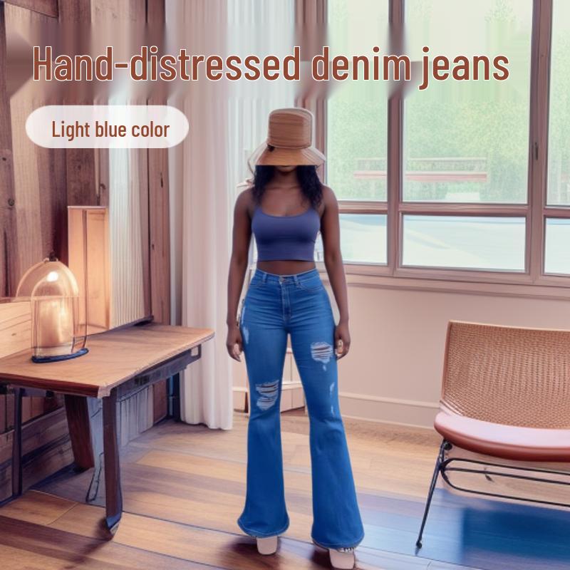 Women s Cross-Seasonal Slim-Fit Ripped Denim Flare Pants XXL светло-синий