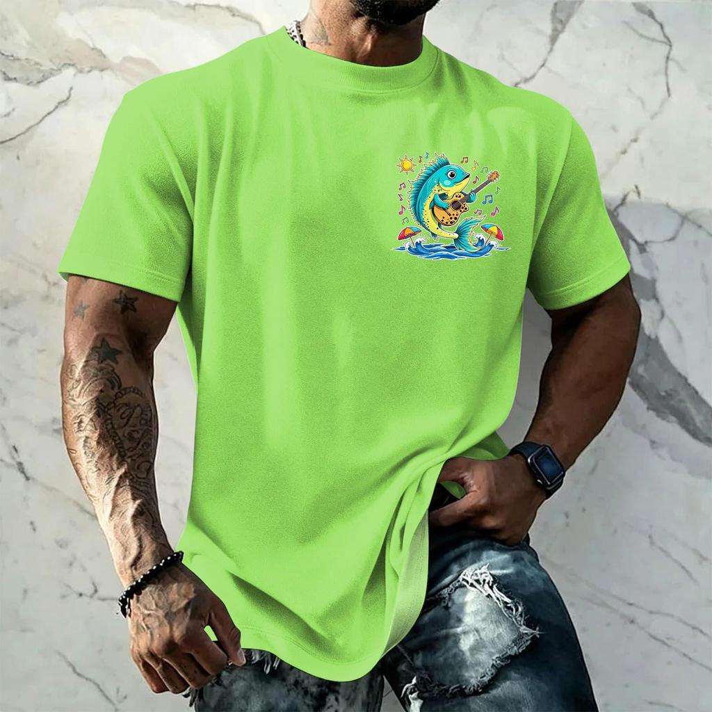 Men's Vintage Textured Print Short Sleeve T Shirt Loose Fit Casual Summer Daily Wear Top with Graphic Fish Design