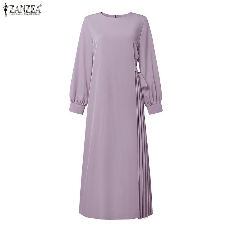 ZANZEA Muslimisches lässiges unregelmäßiges plissiertes Design Damen lockeres Langarmkleid