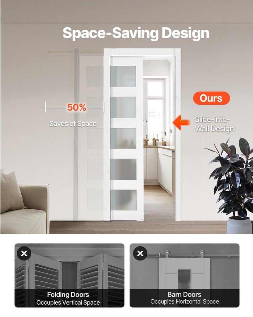 Sliding Pocket Door, 765 x 2035 mm, 5-Lite Frosted Glass Single Sliding Door with Hardware Kit, Sturdy Solid Wood & MDF Pocket Doors Slab with