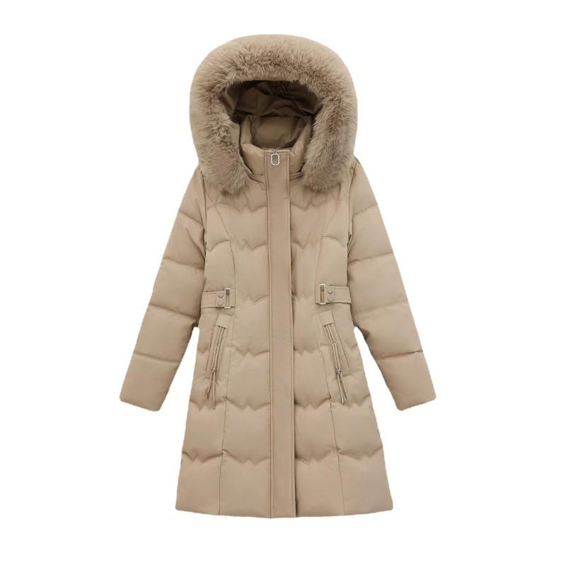 Womens Winter Thick Cotton Coat Mid-Length Solid Color With Removable Faux Fur Collar Elegant Office Style