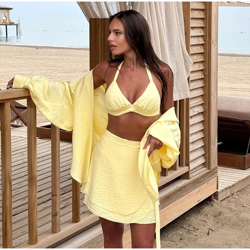 Ladies' Lantern Sleeve Loose Shirt Half Skirt Set Yellow Casual Set Spring Summer New Outfit Ladies' Plus Size Set Daily Commuting Style