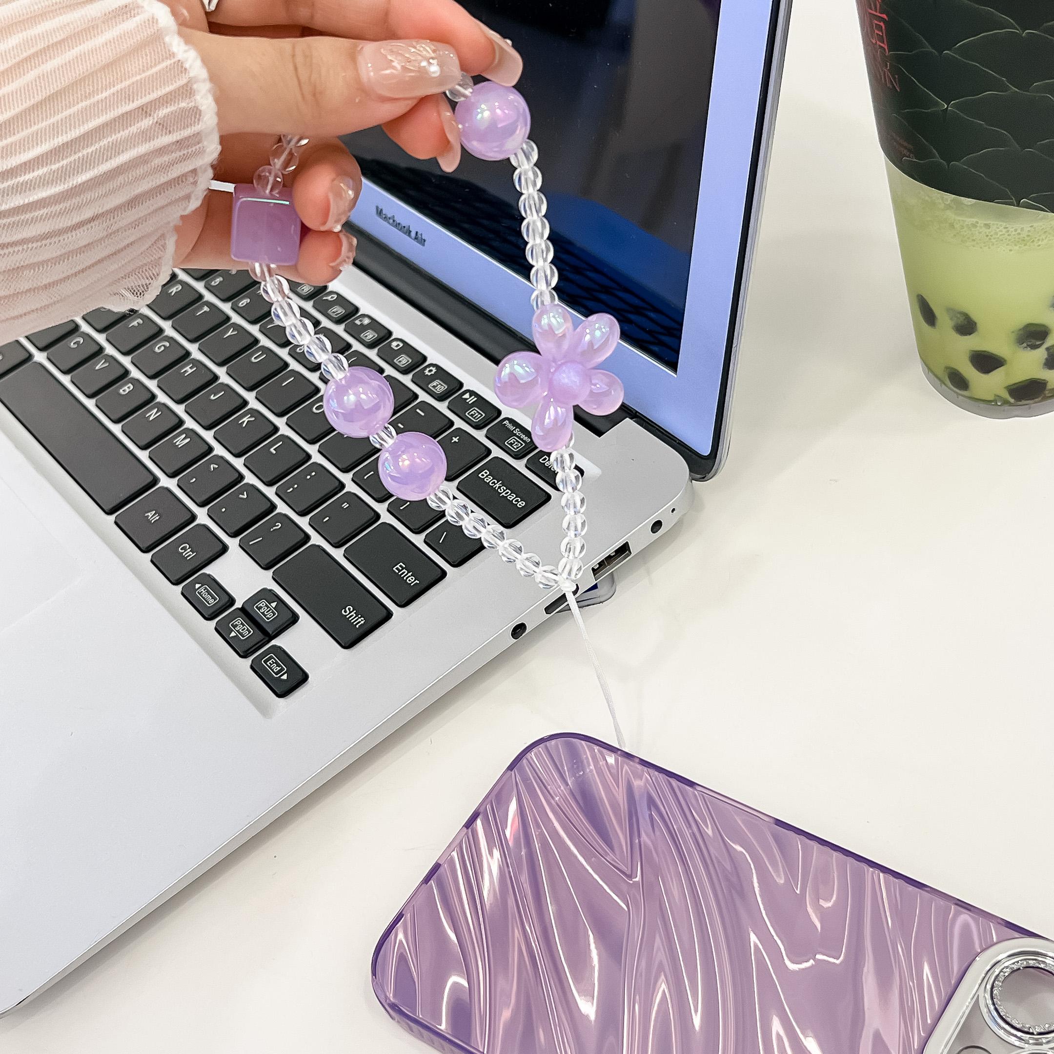 

Beaded Phone Chain String Strap Flower Stationery Decoration Charm Purple