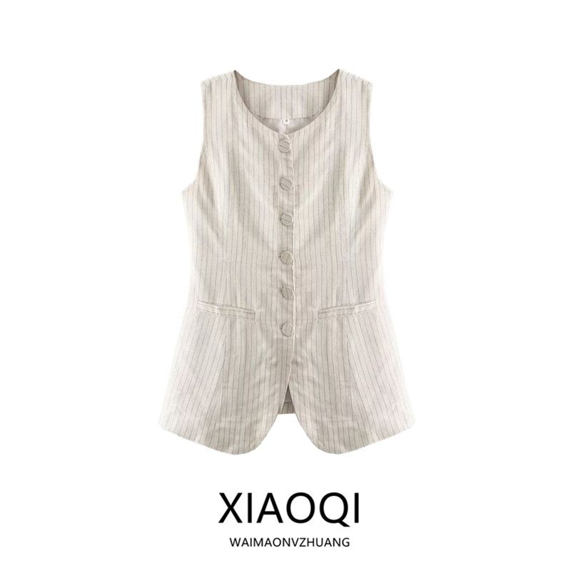 Fashion Style 2024 Spring/Summer New Arrival Women's Clothing Temperament Wild Hemp Cotton Stripes Long Vest Coat 1227466