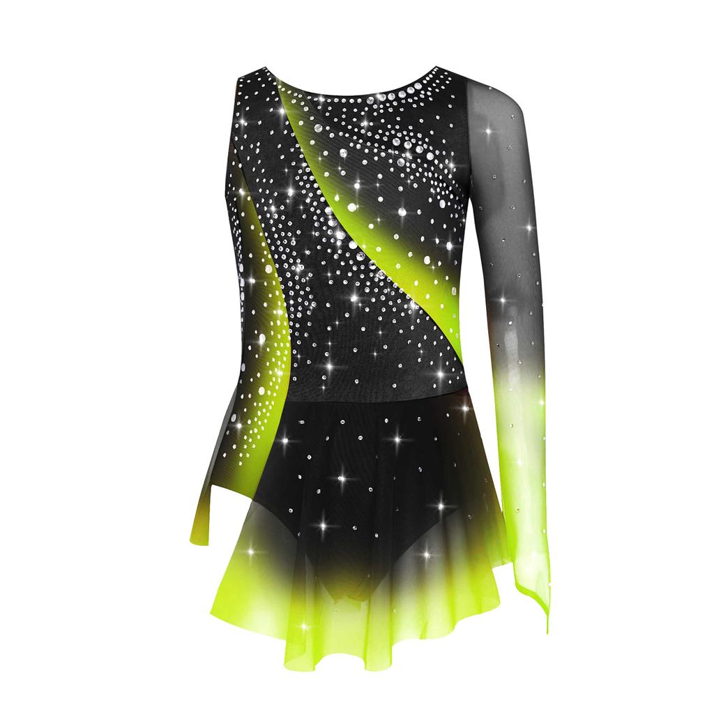 Girls Modern Lyrical Dance Dress High-Low Tulle Split Rhinestone Ballet Gymnastics Leotards Figure Skating Performance Costume