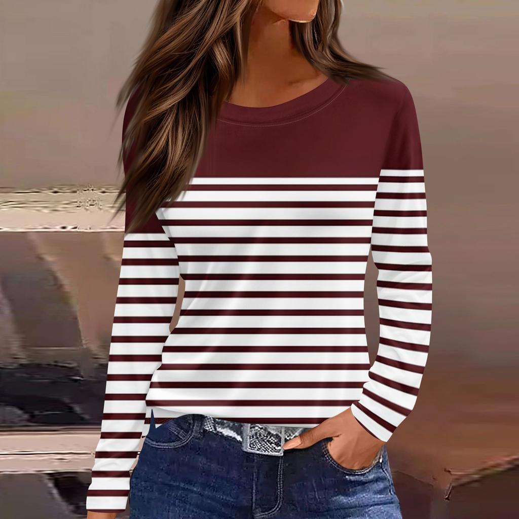 Women's Fashion Casual Slit Hem Round Neck Long Sleeve Loose  Printed T-Shirt Ladies Top