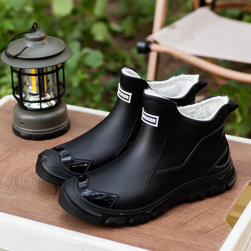 Extra large size fleece rain boots men's short anti-slip anti-work shoes fishing warmth