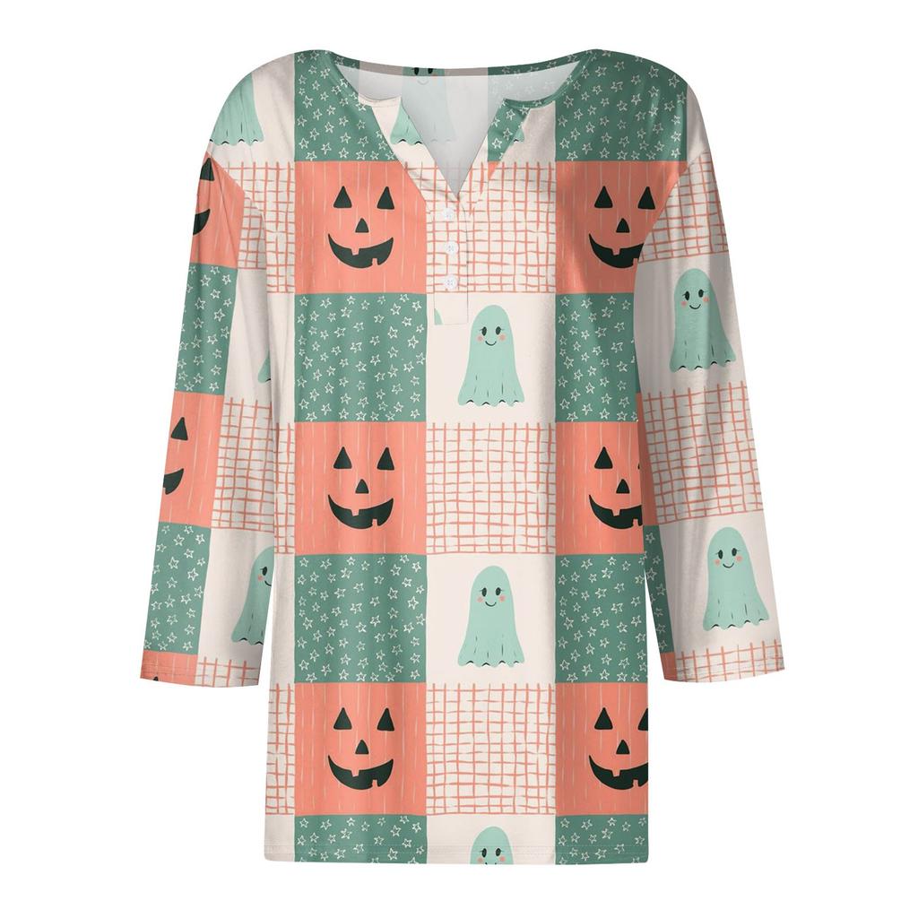 Women's Casual Fashion V-neck Loose Versatile Halloween Print Three-quarter Sleeve Top