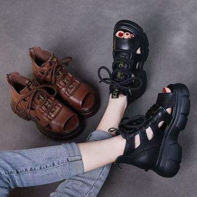Soft Leather Cool Boots High-top Platform Fashion Open-toed Fish Mouth Sandals 2025 Summer New Retro Versatile Roman Shoes Women