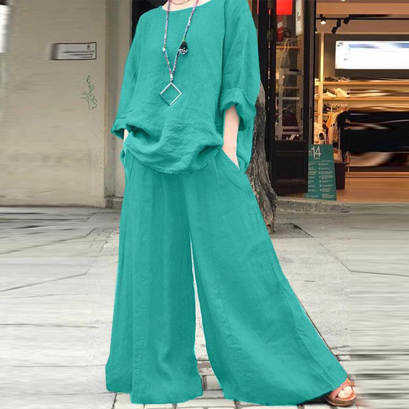 In Stock 2023 Women's Casual Loose Cotton Linen Solid Color Two-Piece Set