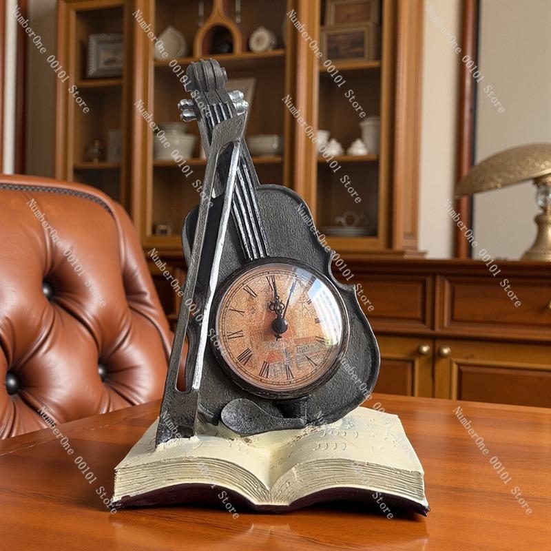 European-Style Table Clock with Violin-Shaped Ornament,Decorative Art Piece for Living Room,Office Desk,and Wine Cabinet