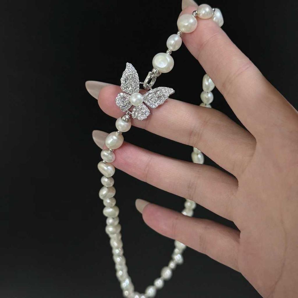 50CM Butterfly Buckle Sweater Chain AAA Baroque Long Necklace 6-8mm Natural White Freshwater Pearl Immortal Charm Pearl