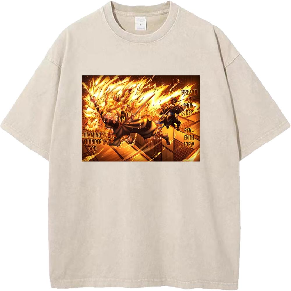 Anime Demon Slayer Agatsuma Zenitsu Kaigaku Clothing Men Anime Cotton T-shirts Short-sleeve Washed T Shirt Harajuku Male Tshirt