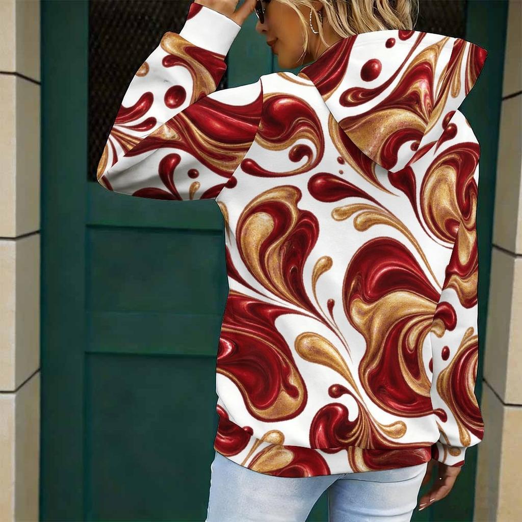 Women Plus Size Abstract Printed Long Sleeve Drawstring Hoodie Kangaroo Pocket Pullover