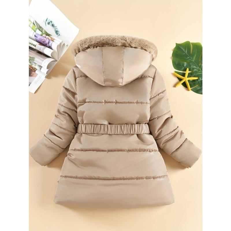 [Stylish Coat] Winter Coat | Stylish Girls' Parka with Faux Fur Hood, Heart-Shaped Diamond Pattern, Warm Mid-Length - Beige, Polyester