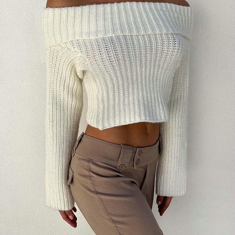 Elegant European and American Women's Clothing Beautiful Stylish Fall and Winter New Arrival off-Shoulder Long Sleeves Tops Sexy Knitting Sweater