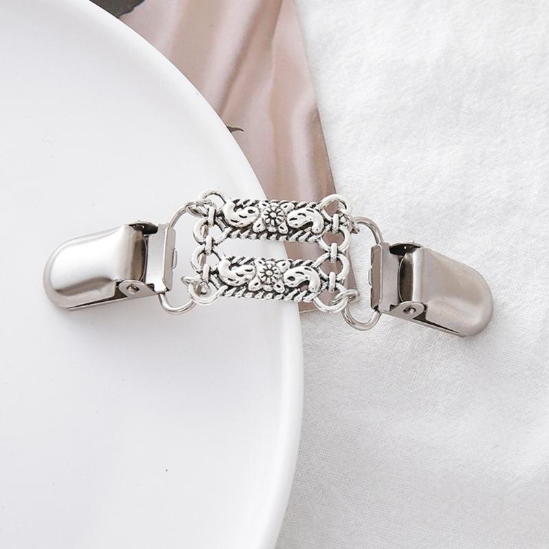 Sweater Clasp Fastener with Silver Tone Floral Center Detail and Double Spring Holders for Cardigan Neckline Shawl Scarf Styling, 1 Piece