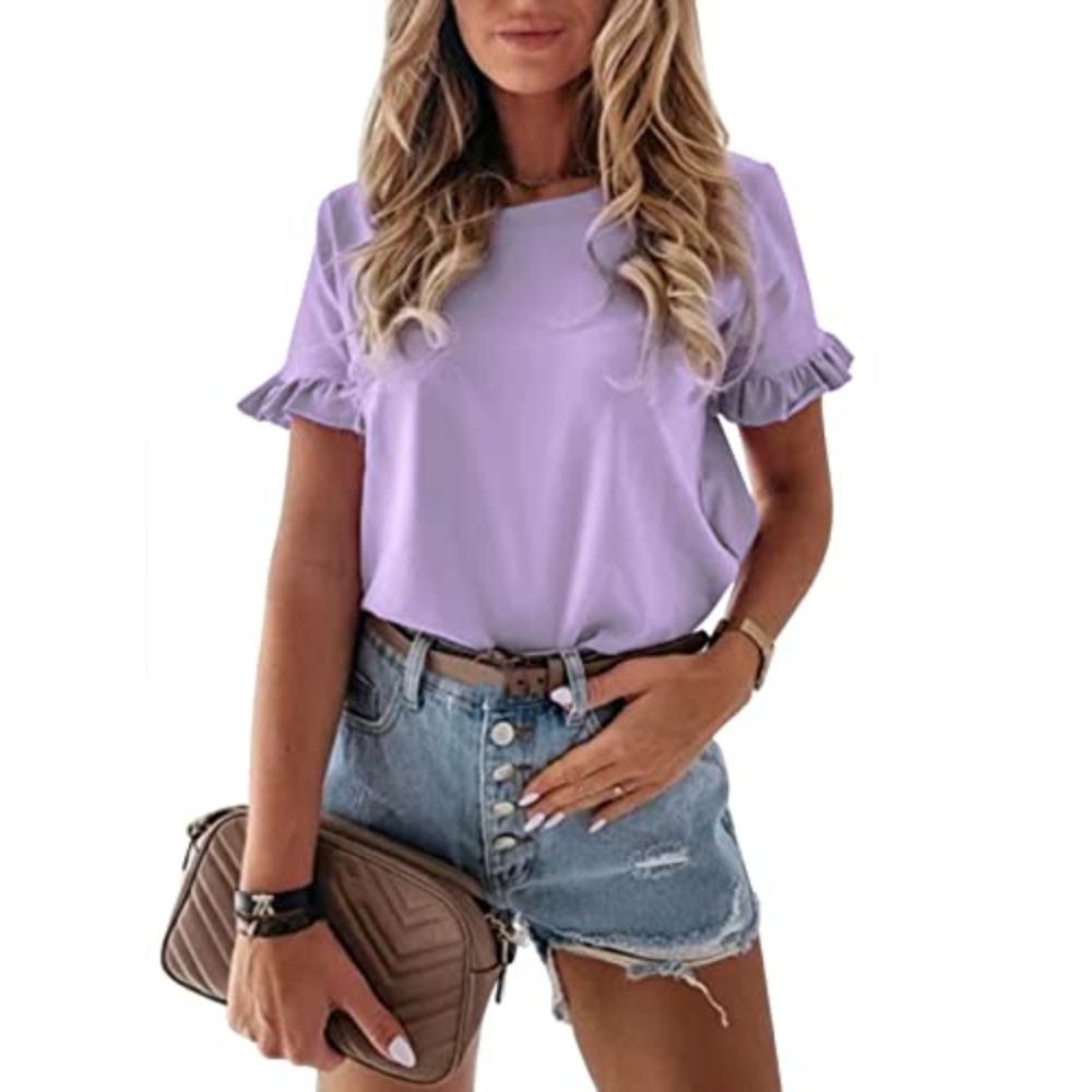 

Женский однотонный топ с короткими рукавами и круглым вырезом с милыми рюшами XXL фиолетовый