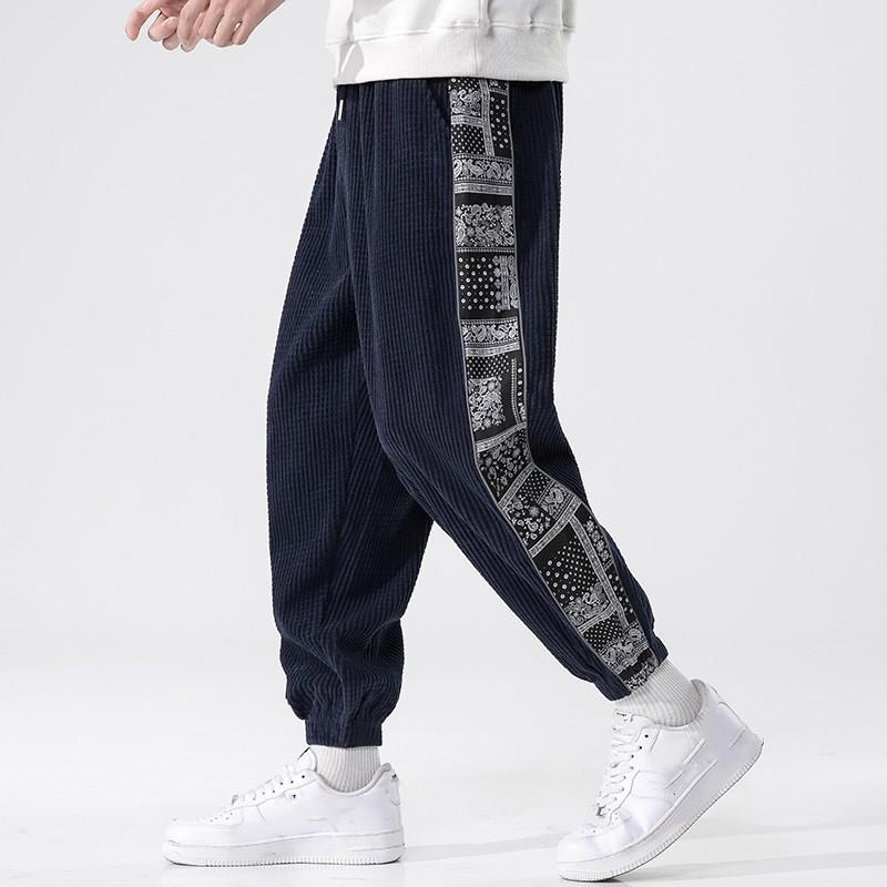Men's Spring/Fall Chinese-Style Casual Patchwork Corduroy Sweatpants Youth Mid-Rise Drawstring Slim-Fit Pants