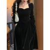 French Retro Hepburn Style Gold Velvet Long Sleeve Dress for Women - Autumn/Winter