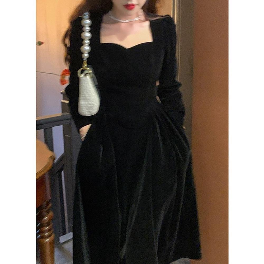 French Retro Hepburn Style Gold Velvet Long Sleeve Dress for Women - Autumn/Winter