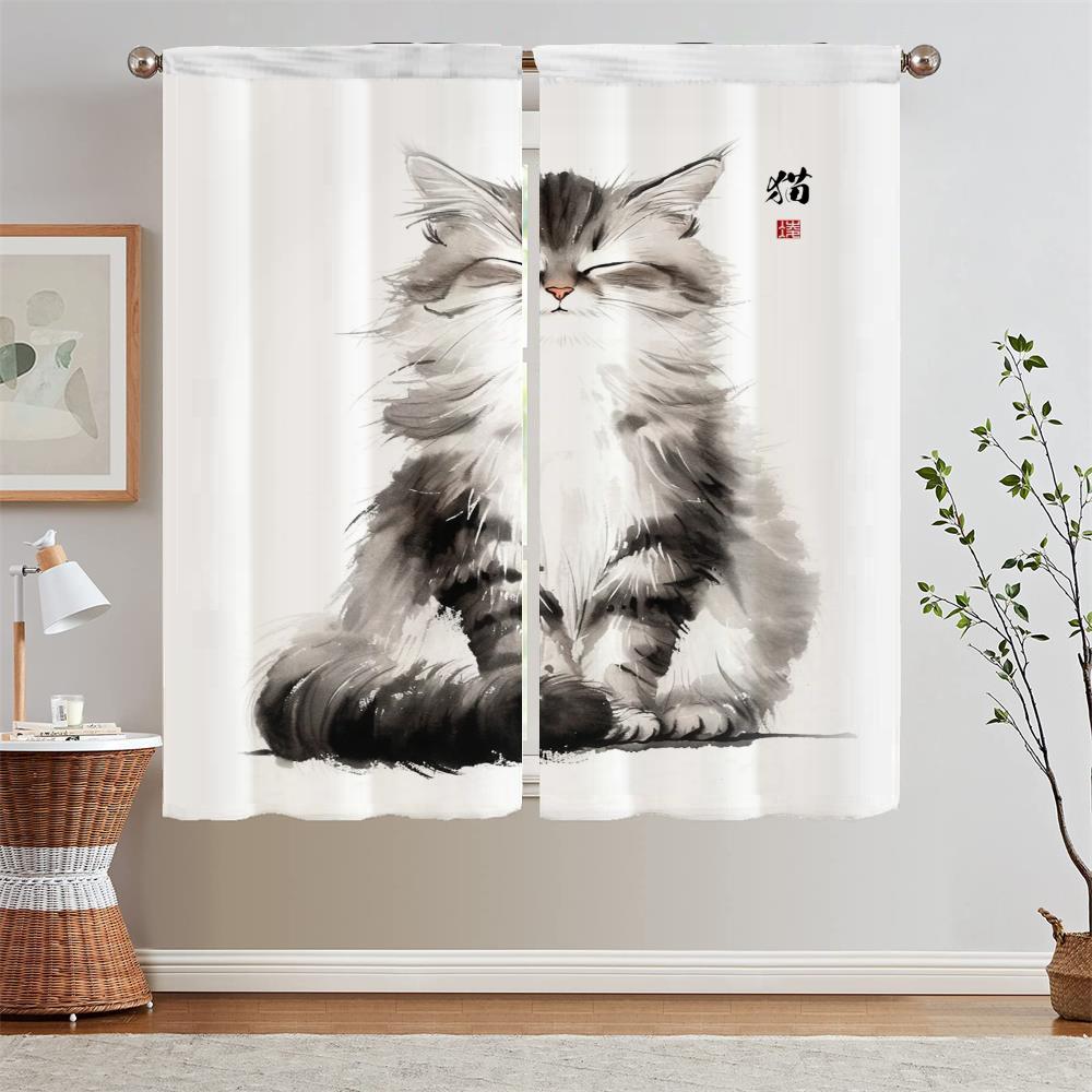 White Curtains for Living Room Ink Cat Painting Curls Kitchen Curtain Tiebacks Short Window Curtains 2 Pcs Set Partition Blinds
