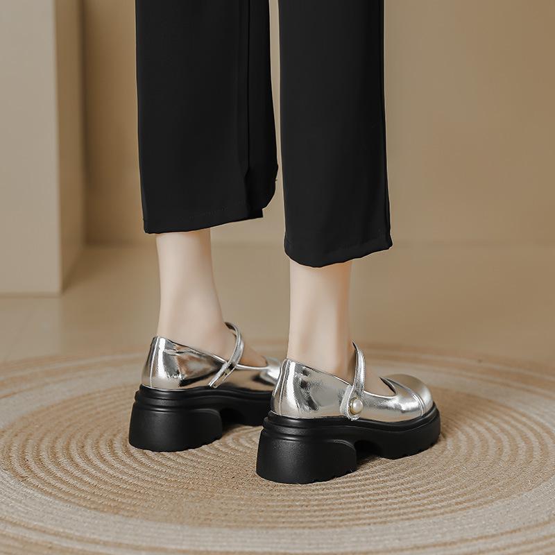 Silver Mary Jane Shoes Women's Pearl One-word Thick-soled Light-mouth Single Shoes Women's Small Fragrant Wind Round Head Thick Heel Jk Shoes