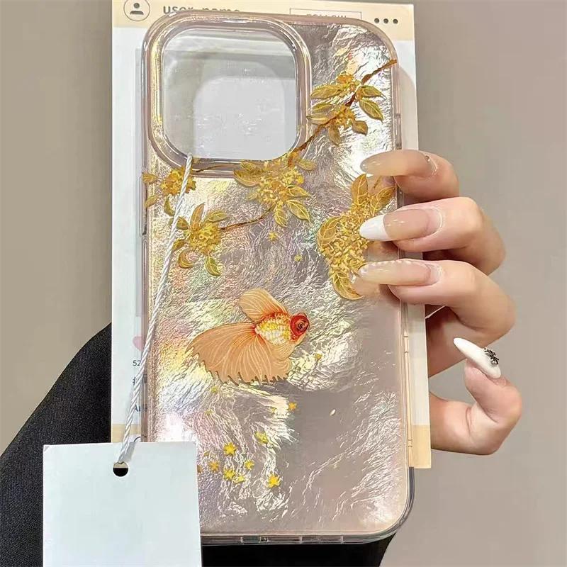 Pevný obal na telefon s texturou zlaté rybky z padlého listí pro IPhone 16 Pro Max 15 14 13 12 11 XS XR X 7 8 16 Plus Nárazuvzdorný kryt