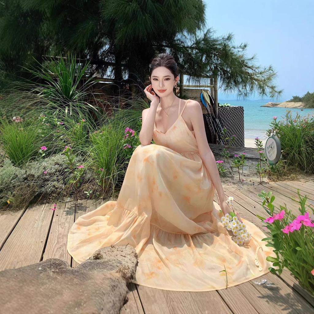 European and American New French Smudge Suspender Dress Summer Seaside Vacation Style Big Skirt Long Dress