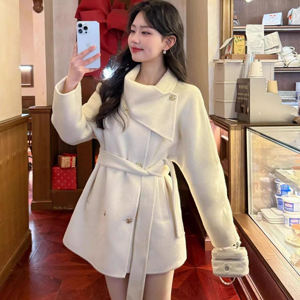 2025 Autumn/Winter Women's Korean Woolen Coat - Mid-Length Turtleneck Tie-Up Jacket, Black