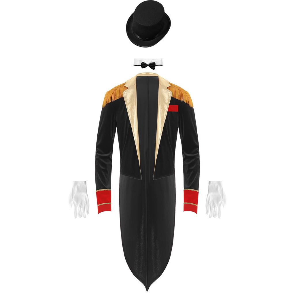 Mens Circus Ringmaster Costume Set Long Sleeve Lapel Fringed Shoulder Tailcoat Jacket Hat Collar Gloves Carnival Cosplay