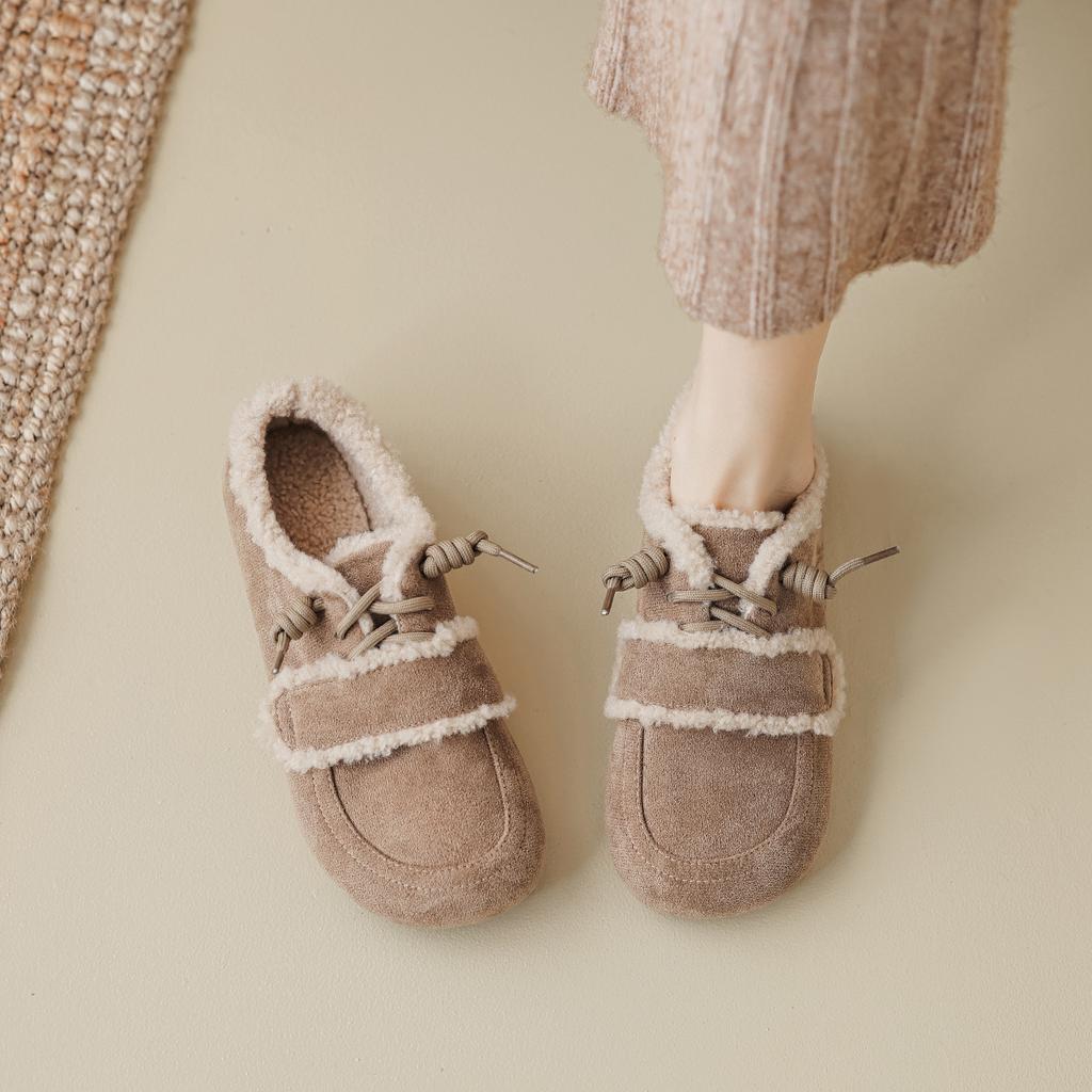 Retro color matching fleece shoes flat bottom fluffy single shoes women wear autumn and winter