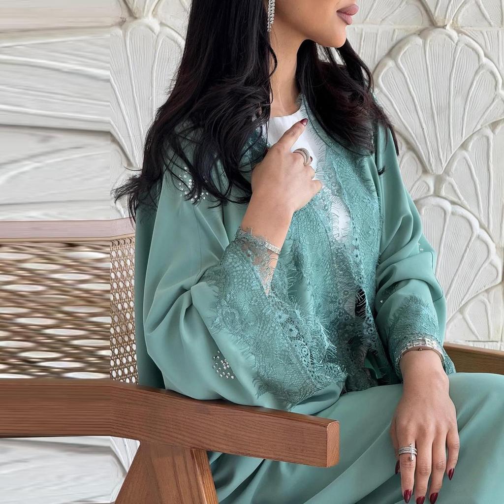 MQ214 Spitzen-Patchwork Langer Mantel - Bescheidene Abaya Robe für Muslimische Mode