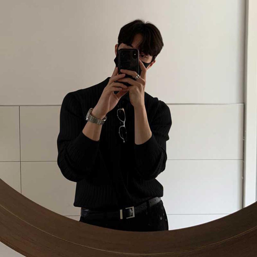 

Мужской легкий трикотажный свитер-поло во французском стиле с отворотом XL чёрный