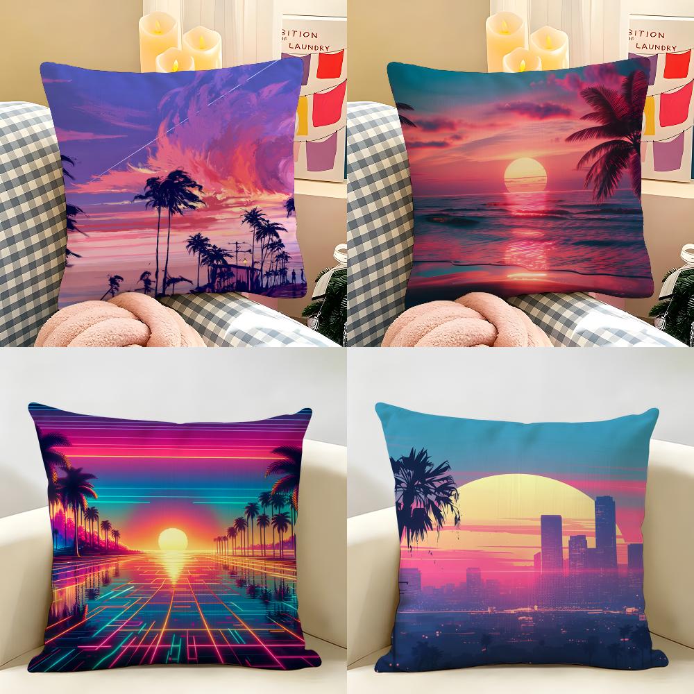 Sunset Palm Tree Fashion Cushion Cover Natural Linen Organic Fabric DoubleSided Printing Room Sofa Decor Pillow Case